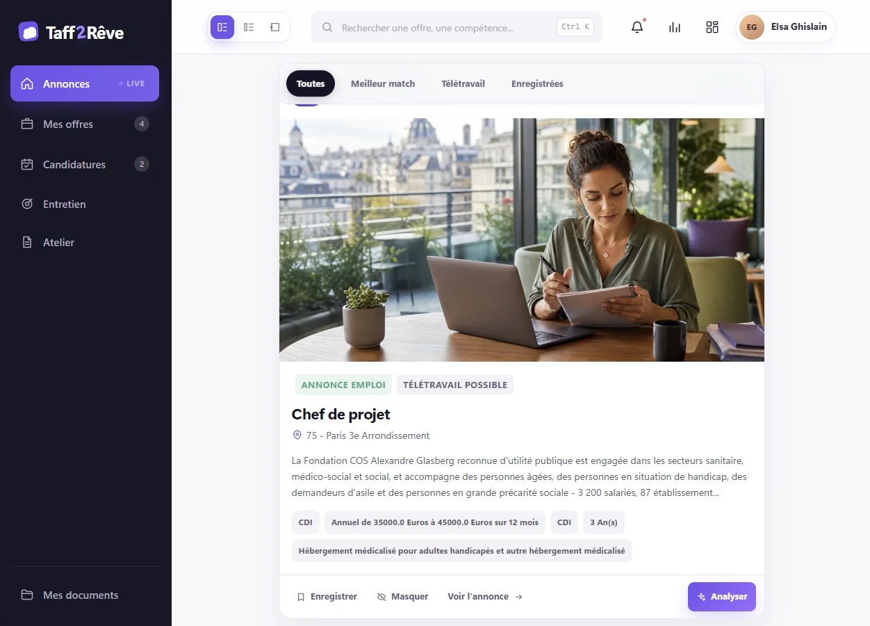 Taff2Rêve sur ordinateur : fil d'annonces et fiche d'offre à analyser